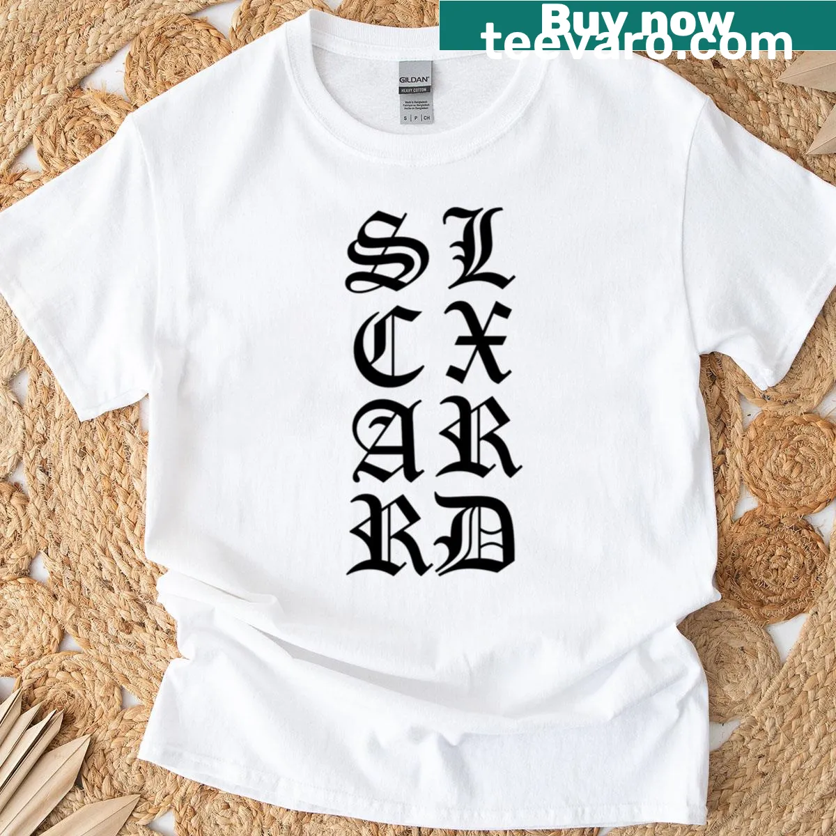 Bold black t-shirt featuring Scarlxrd design — on a men's t-shirt