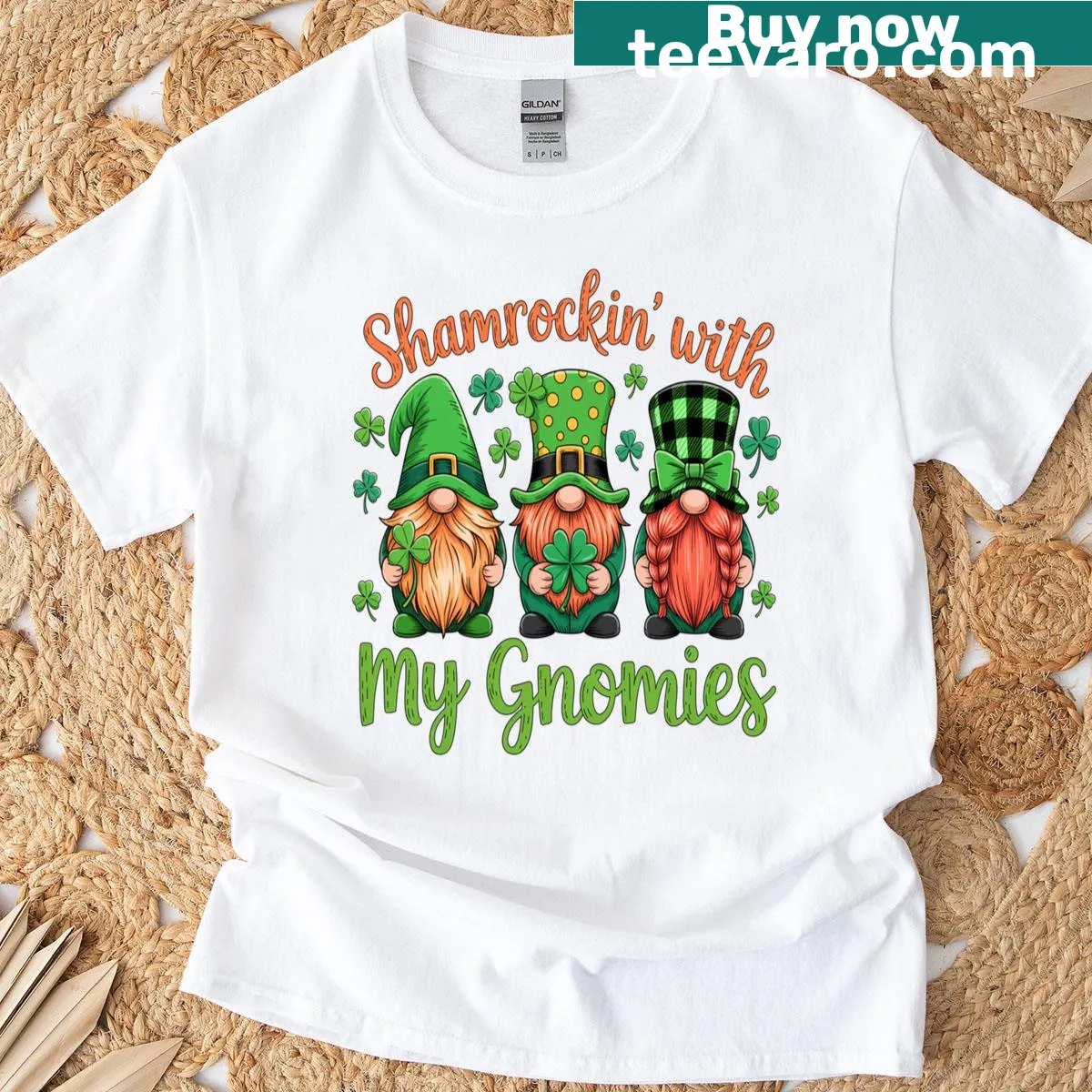 T-shirt featuring whimsical gnomes for St. Patrick's Day — on a men's t-shirt