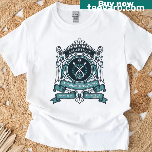Shieldmaiden themed graphic T-shirt with an emblem design