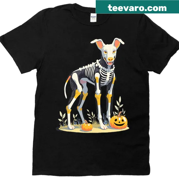 Illustration of a cute skeleton dog on a spooky t-shirt