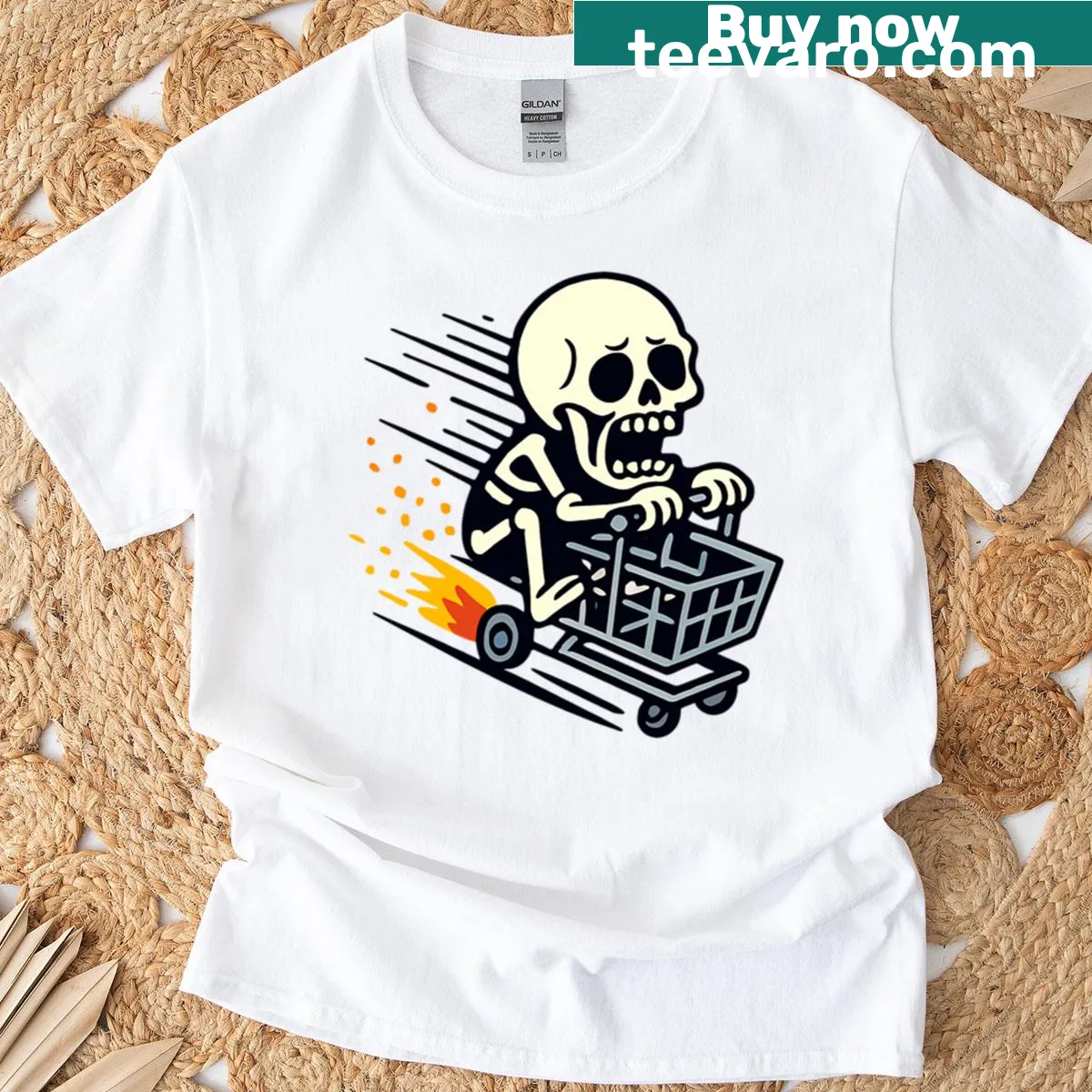 Skeleton riding a shopping cart downhill illustration — on a men's t-shirt