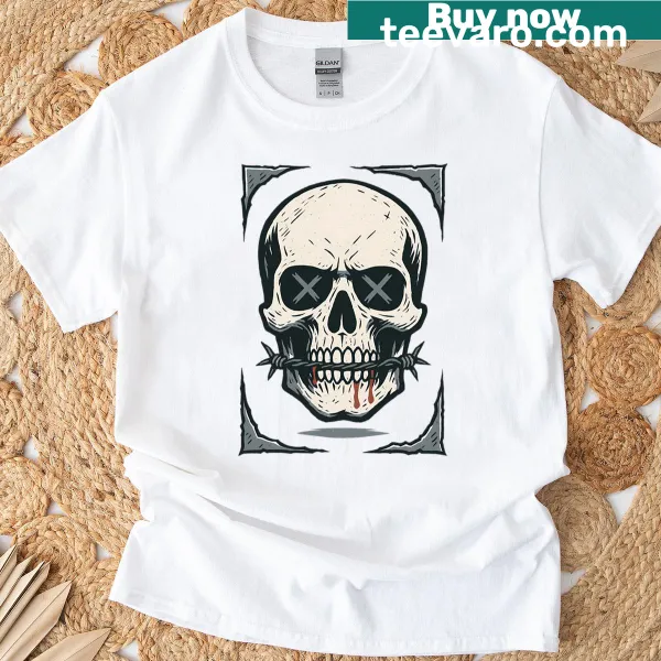 Gothic t-shirt with skull and barbed wire design
