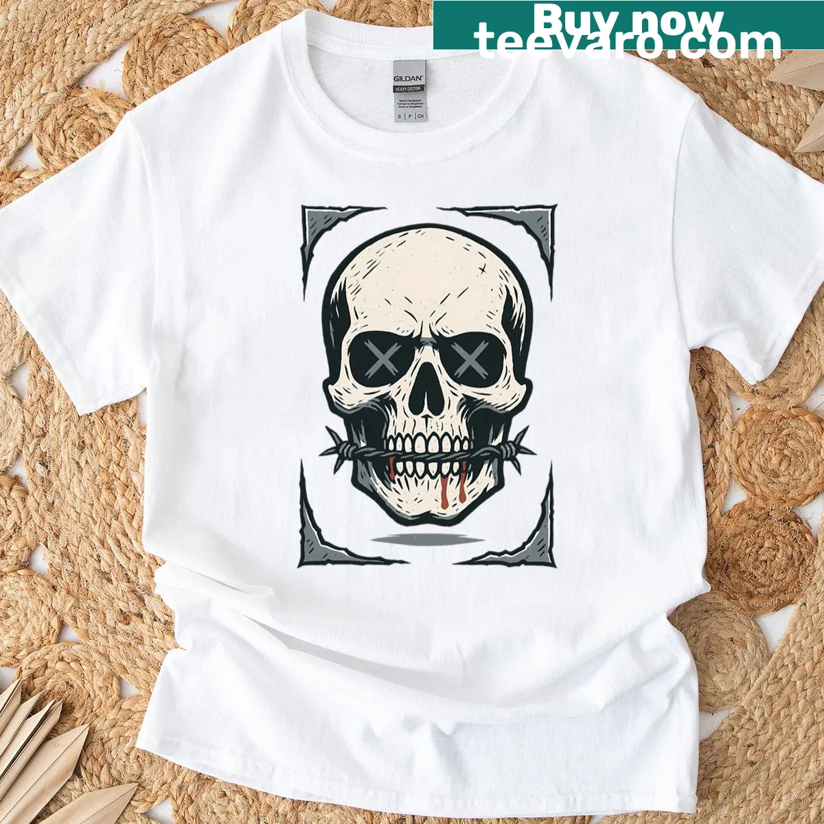 Gothic t-shirt with skull and barbed wire design — on a men's t-shirt