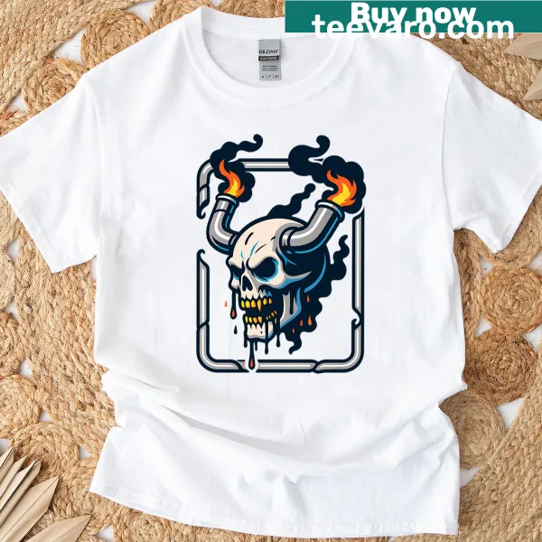 T-shirt with skulls and exhaust pipes graphic for automotive fans