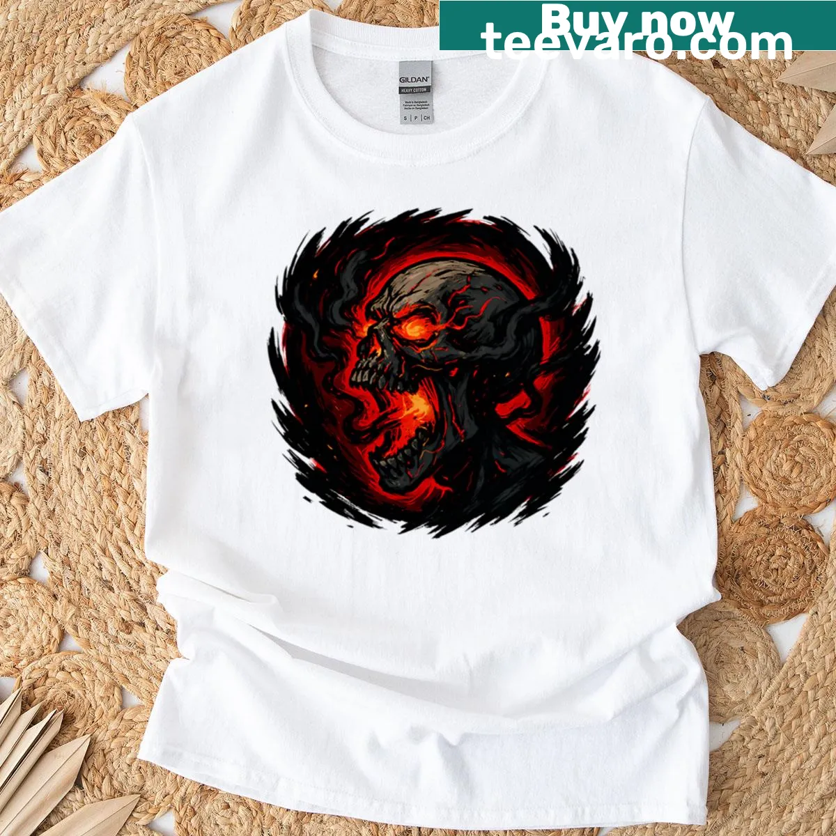 Bold Halloween t-shirt with skull, fire, and smoke graphic — on a men's t-shirt
