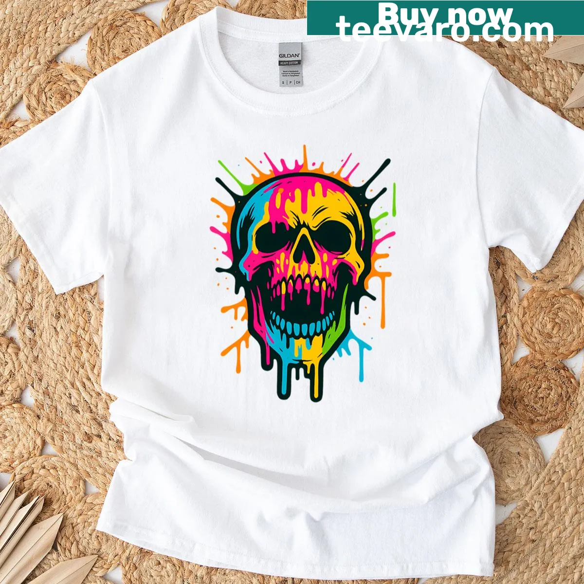 Neon skull street art graphic on a T-shirt — on a men's t-shirt