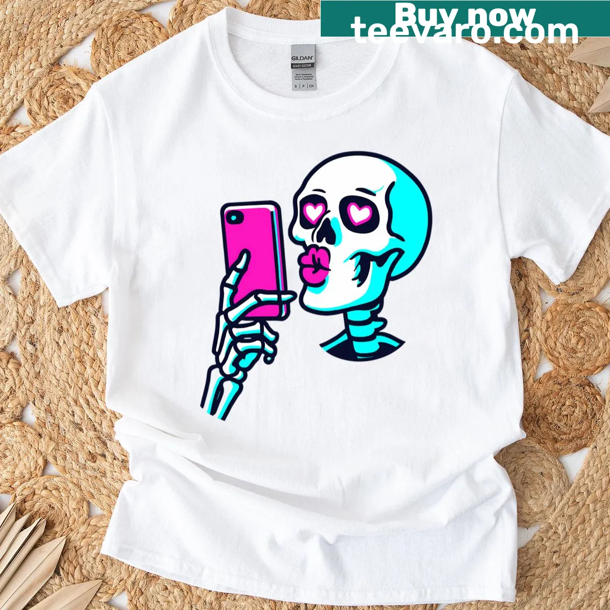 Cartoon skeleton taking a selfie with duck face and heart eyes — on a men's t-shirt