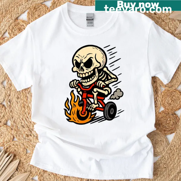 Edgy Halloween T-shirt featuring a flaming skull on a tricycle.