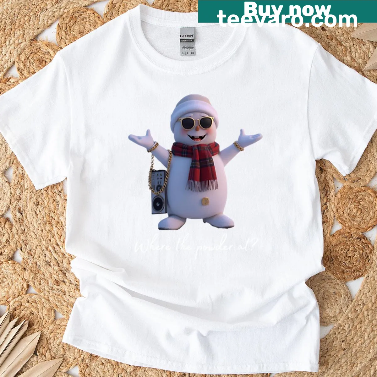 Illustrated snowman character featured on T-shirt — on a men's t-shirt