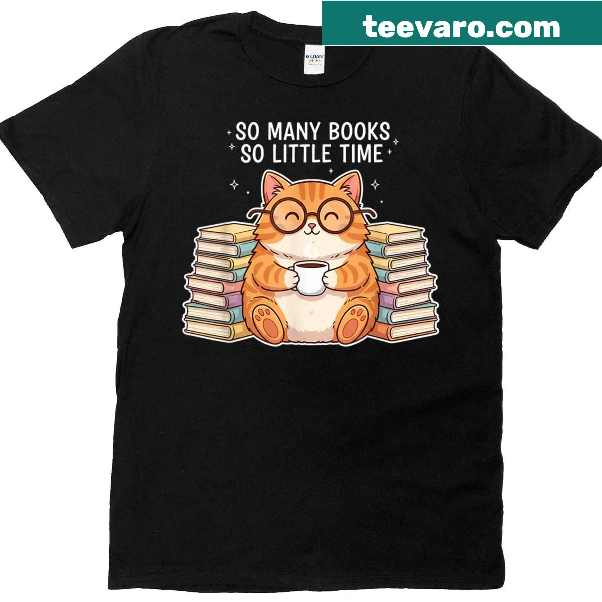 Illustrated cat surrounded by books on T-shirt — on a men's t-shirt