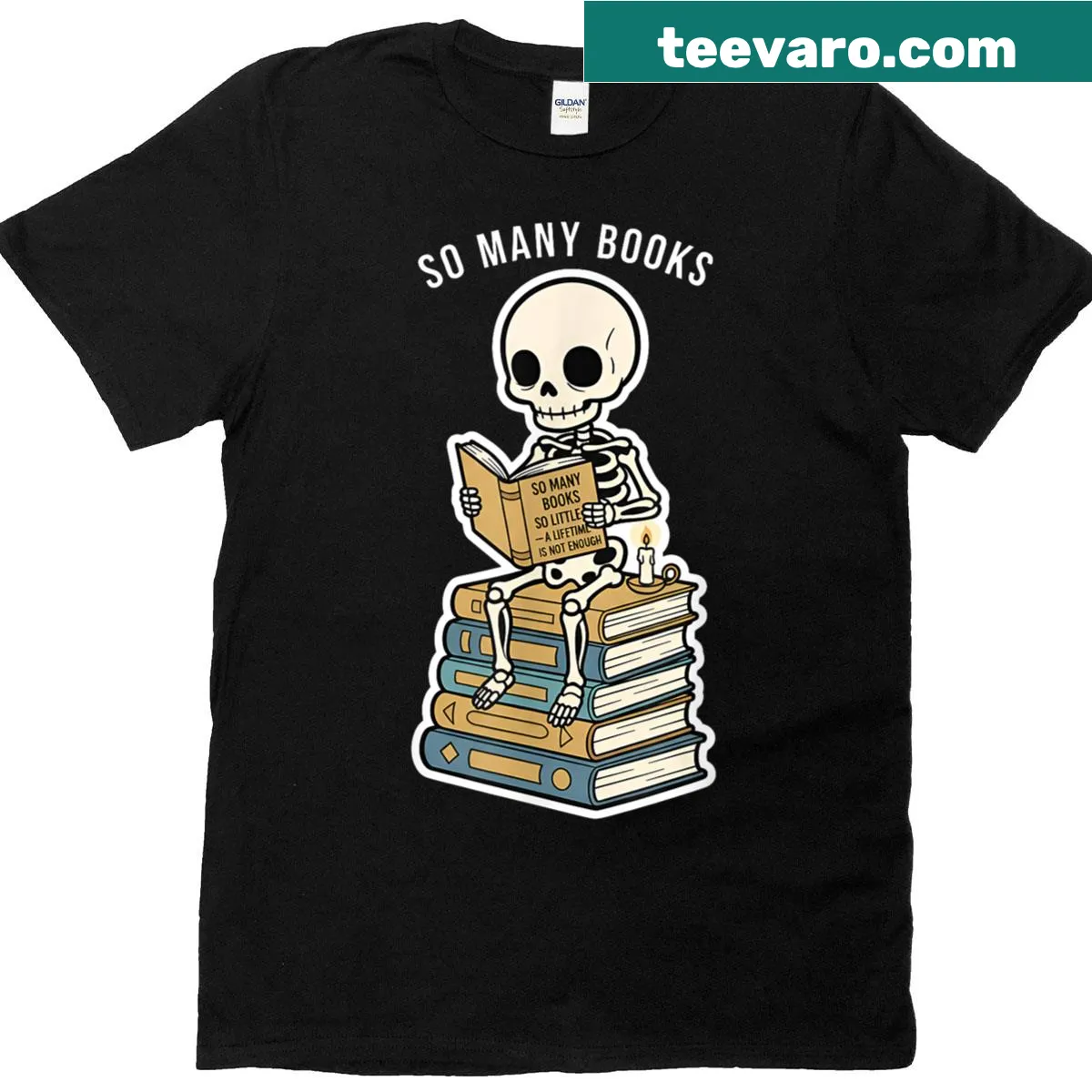 T-shirt featuring a skeleton with candles and text about books — on a men's t-shirt