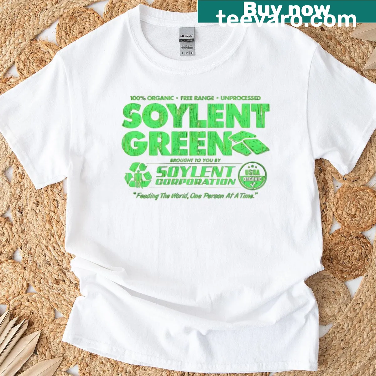 Illustrative Soylent Green t-shirt featuring a sci-fi concept image — on a men's t-shirt
