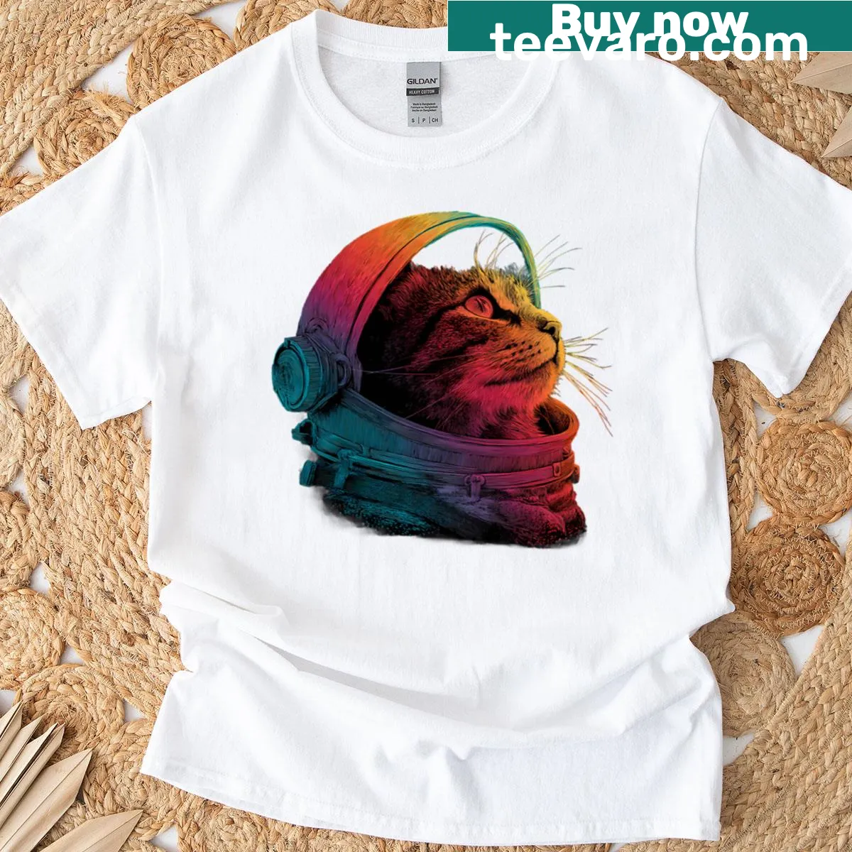 Playful cat astronaut illustration on t-shirt — on a men's t-shirt