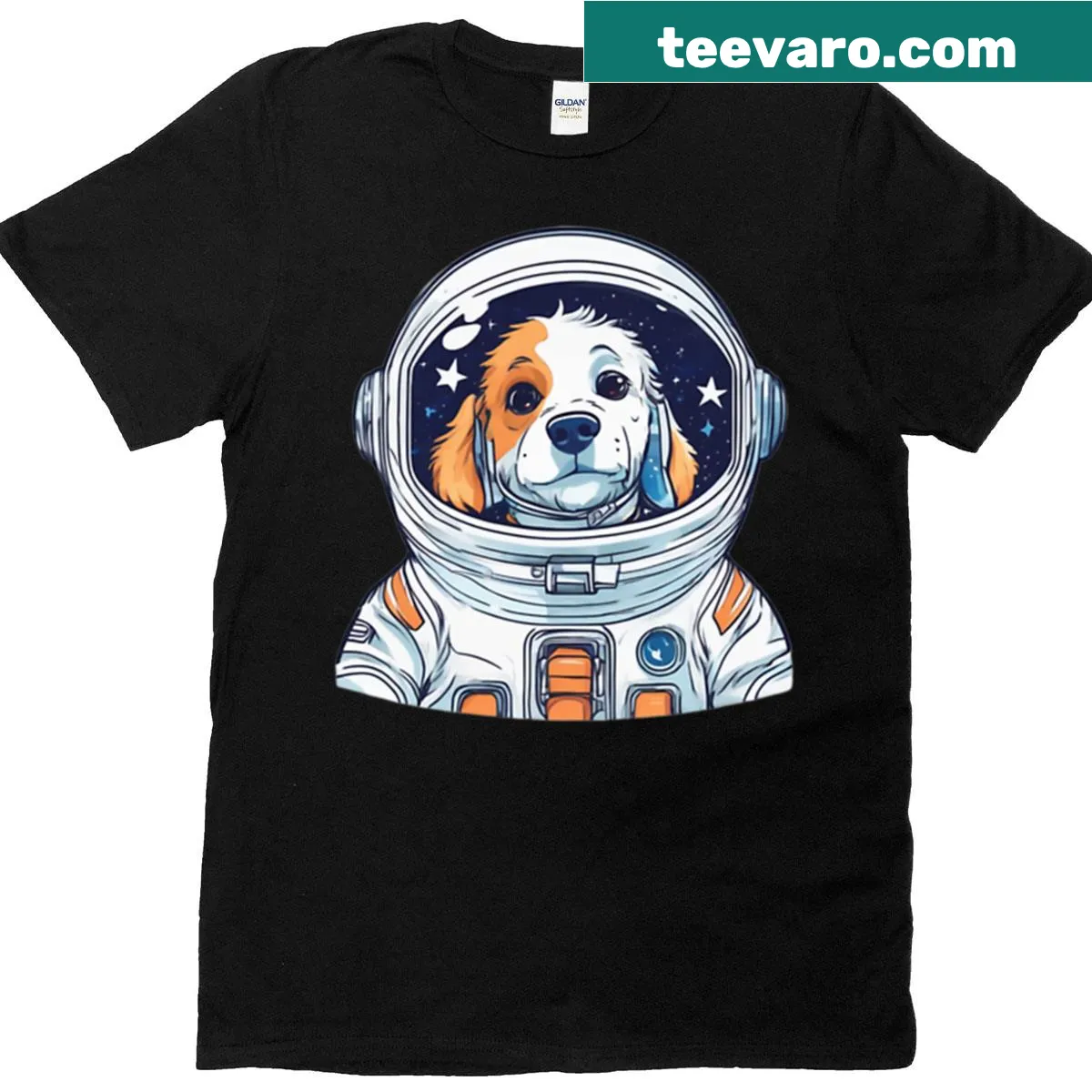 T-shirt featuring a whimsical dog in an astronaut suit exploring space — on a men's t-shirt