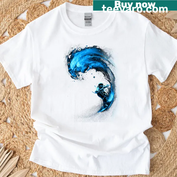 Surfers riding waves in space graphic on T-shirt