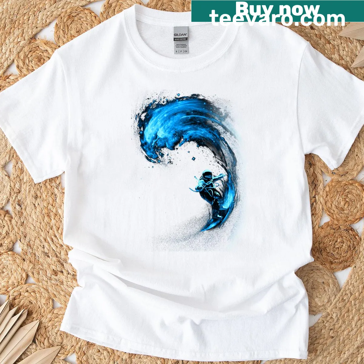 Surfers riding waves in space graphic on T-shirt — on a men's t-shirt