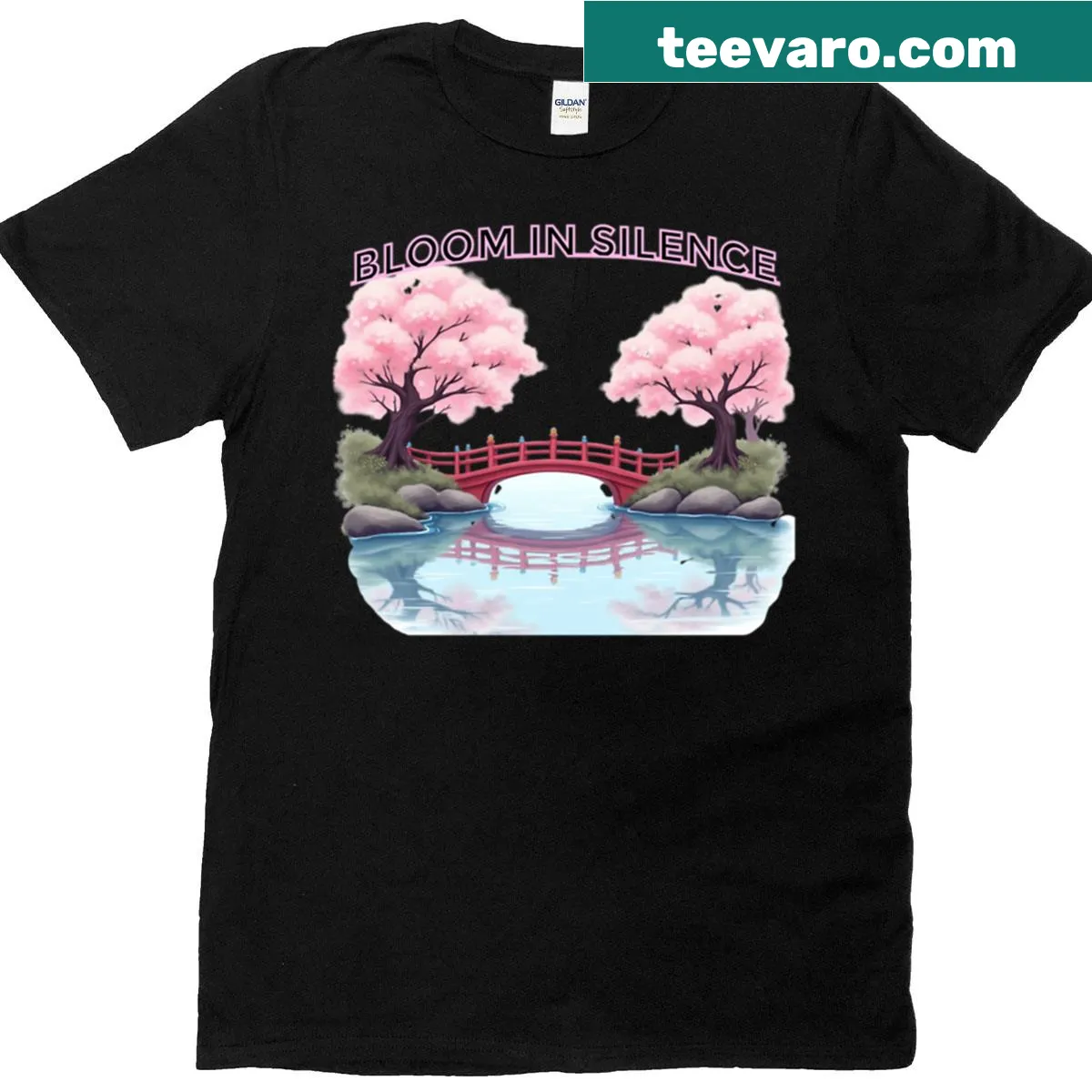 T-shirt featuring cherry blossom garden illustration — on a men's t-shirt