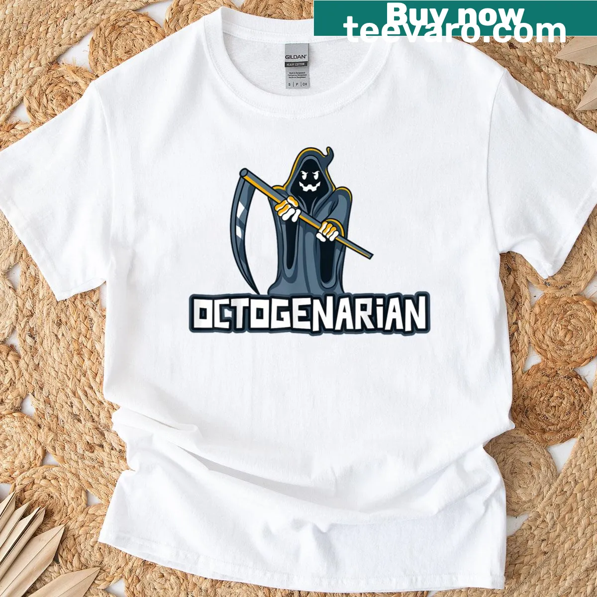 Funny Halloween-themed T-shirt for 80th birthday featuring a spooky reaper — on a men's t-shirt