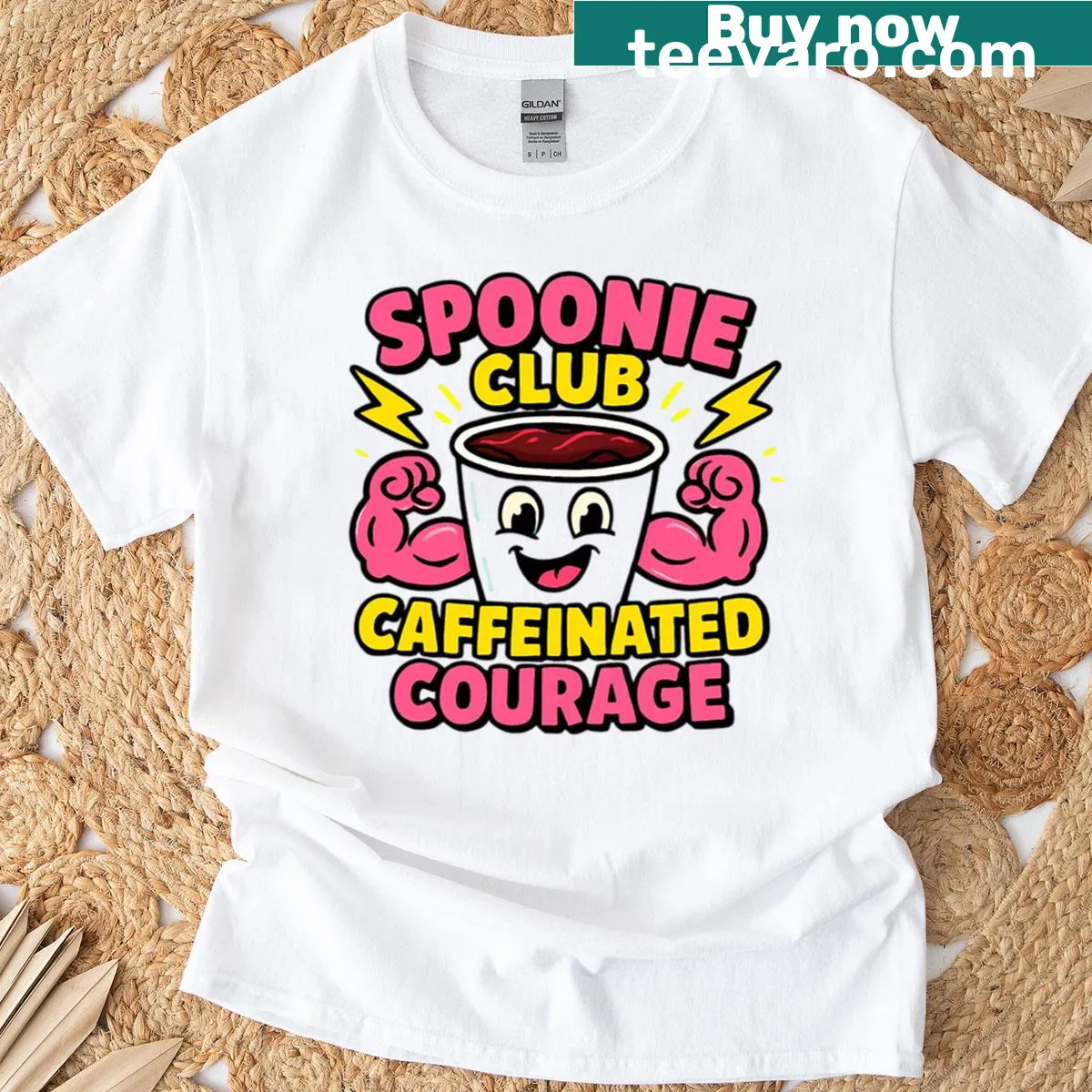 Funny coffee-themed T-shirt with 'Spoonie Club' graphic — on a men's t-shirt
