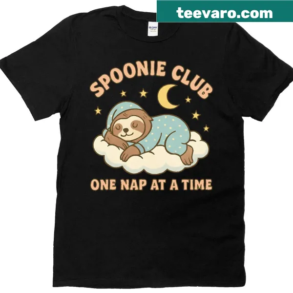 Cute sloth illustration with 'One Nap At A Time' text on t-shirt