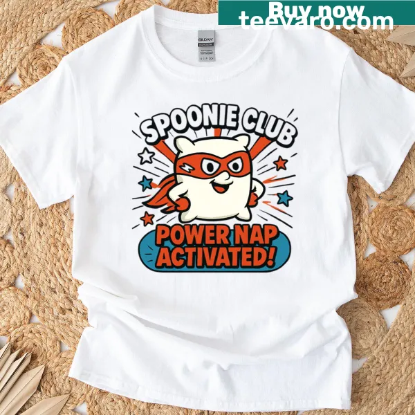 Retro cartoon graphic of 'Spoonie Club Power Nap Activated' on a T-shirt.