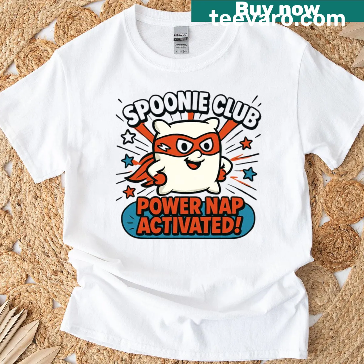 Retro cartoon graphic of 'Spoonie Club Power Nap Activated' on a T-shirt. — on a men's t-shirt