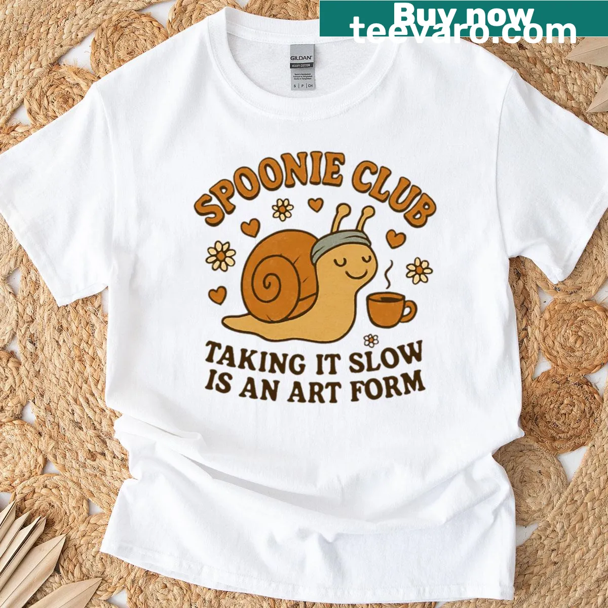 Retro snail design t-shirt with 'Spoonie Club' text — on a men's t-shirt
