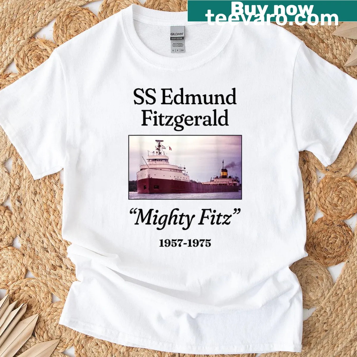 Illustrative tribute to the Ss Edmund Fitzgerald on T-shirt — on a men's t-shirt