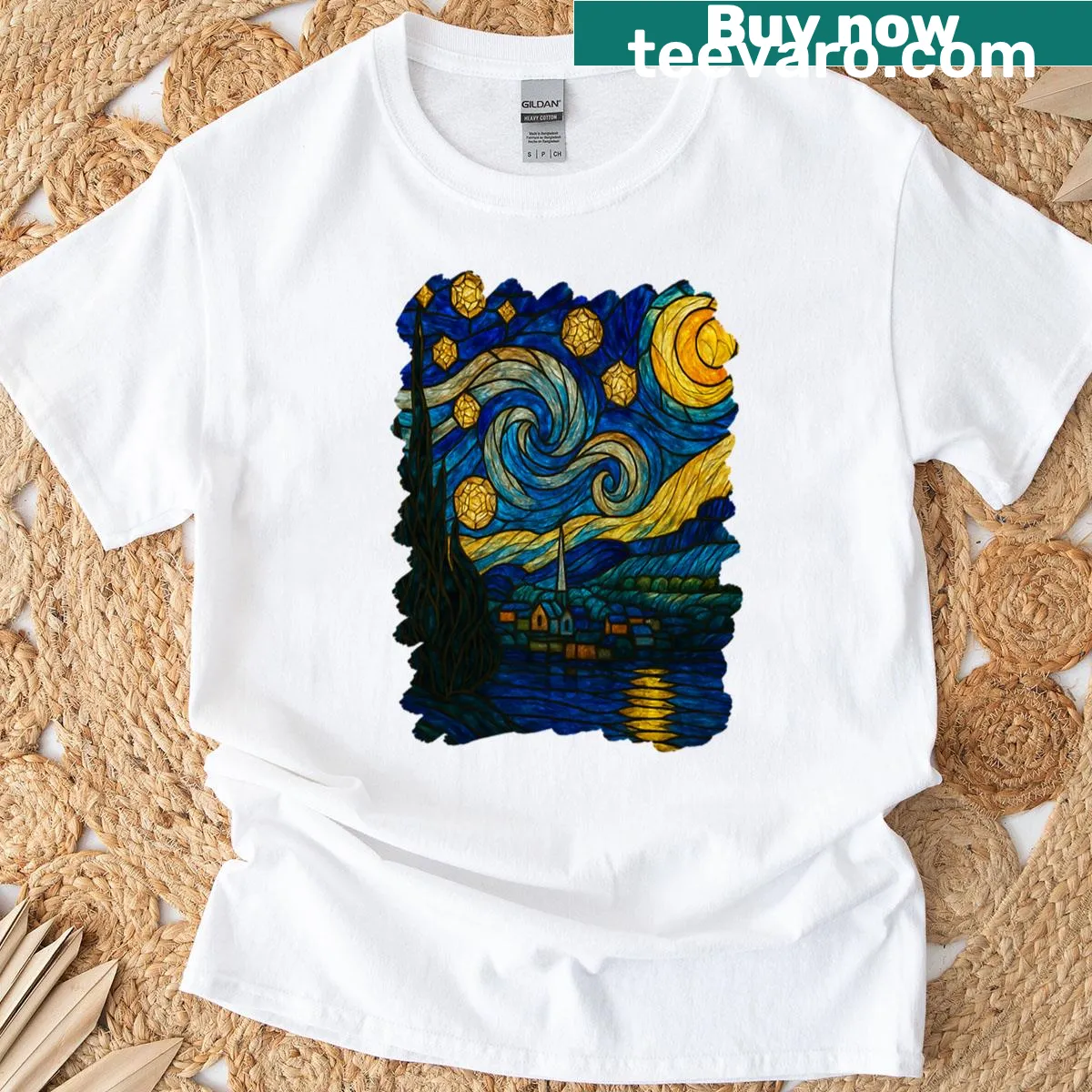 Starry night themed t-shirt featuring starry sky artwork — on a men's t-shirt