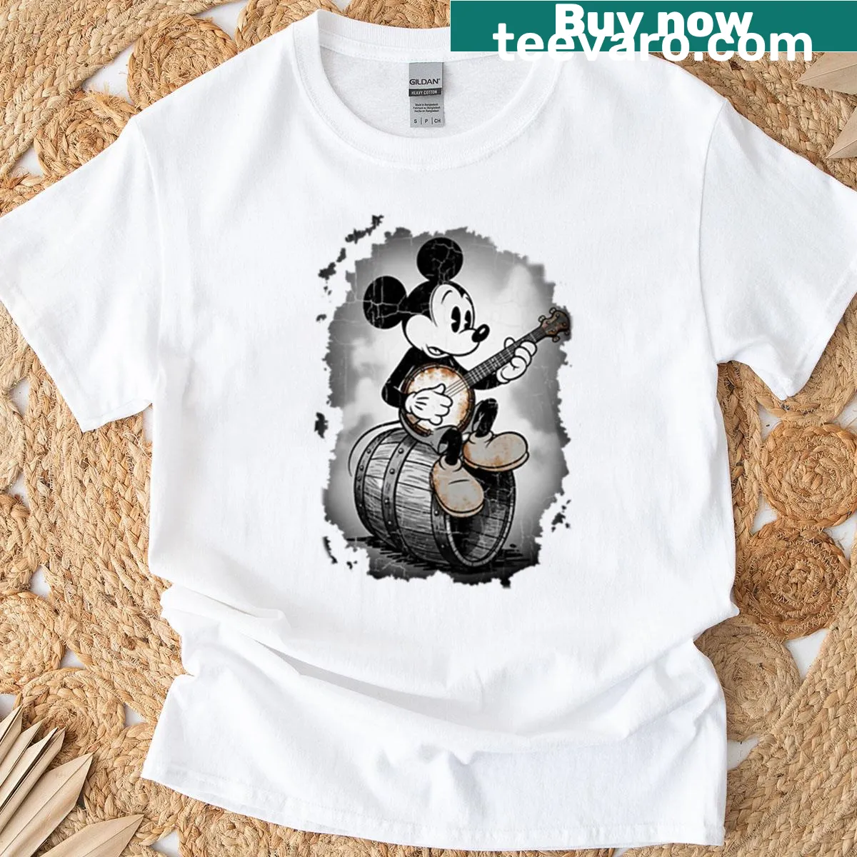 Vintage Steamboat Willie t-shirt featuring a banjo player illustration — on a men's t-shirt