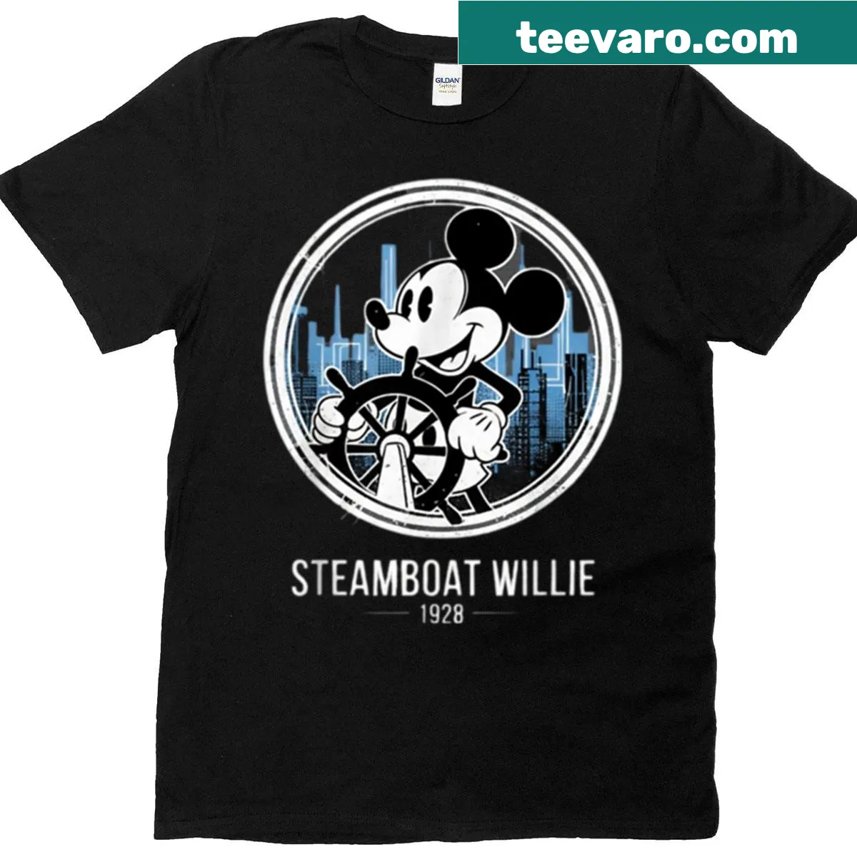 Minimalist silhouette T-shirt of Steamboat Willie from 1928 — on a men's t-shirt