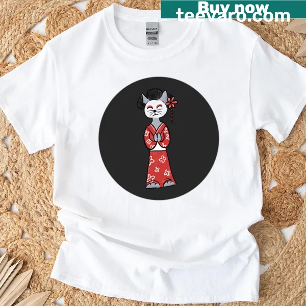 Cute cat illustration in Japanese style on T-shirt