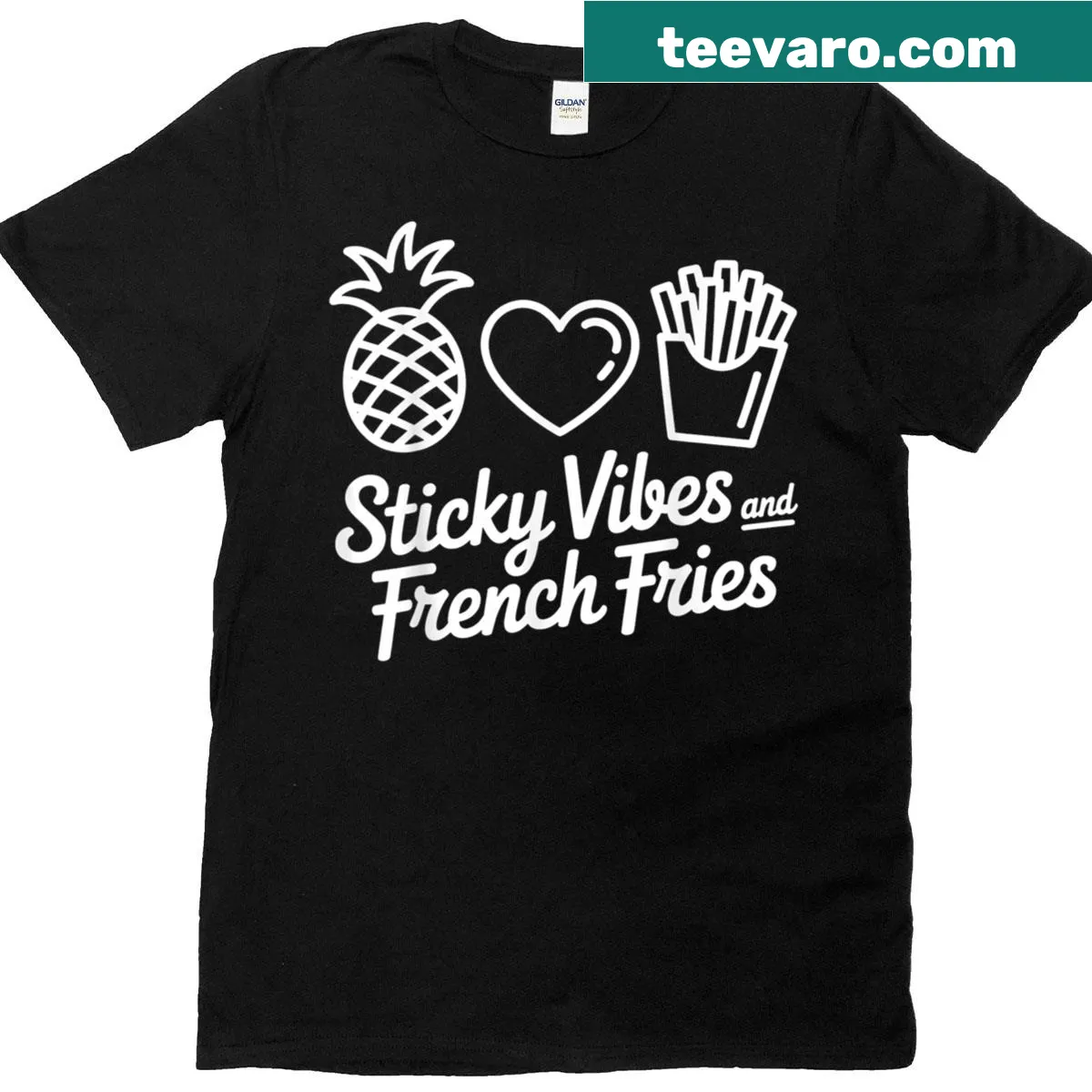 Fun foodie T-shirt with 'Sticky Vibes And French Fries' design — on a men's t-shirt