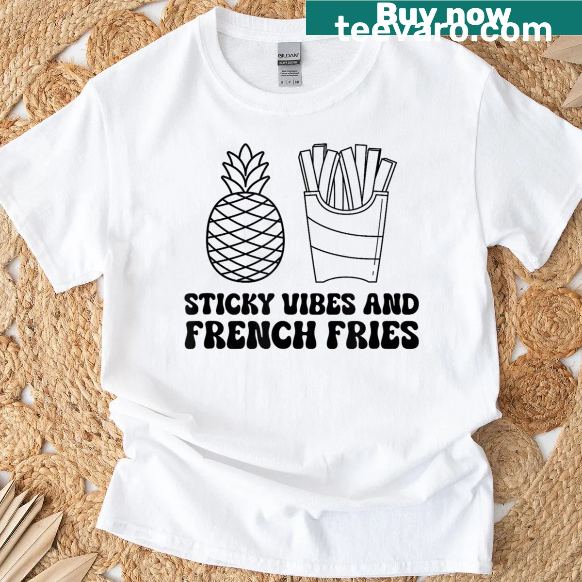 Funny T-shirt with the quote 'Sticky Vibes And French Fries' in hand-lettered style. — on a men's t-shirt