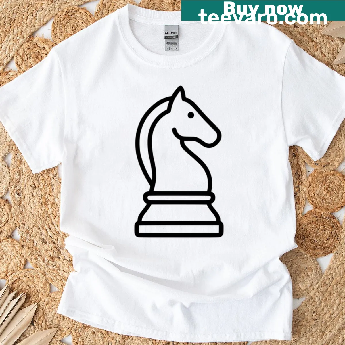 Minimalist chess knight line-art T-shirt design — on a men's t-shirt