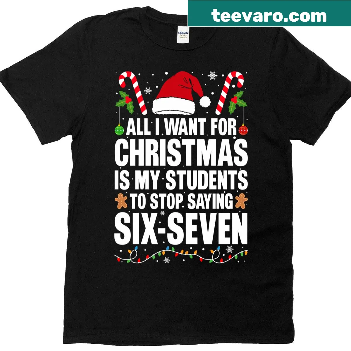 Funny meme text '6-7' on a teacher's Christmas T-shirt — on a men's t-shirt
