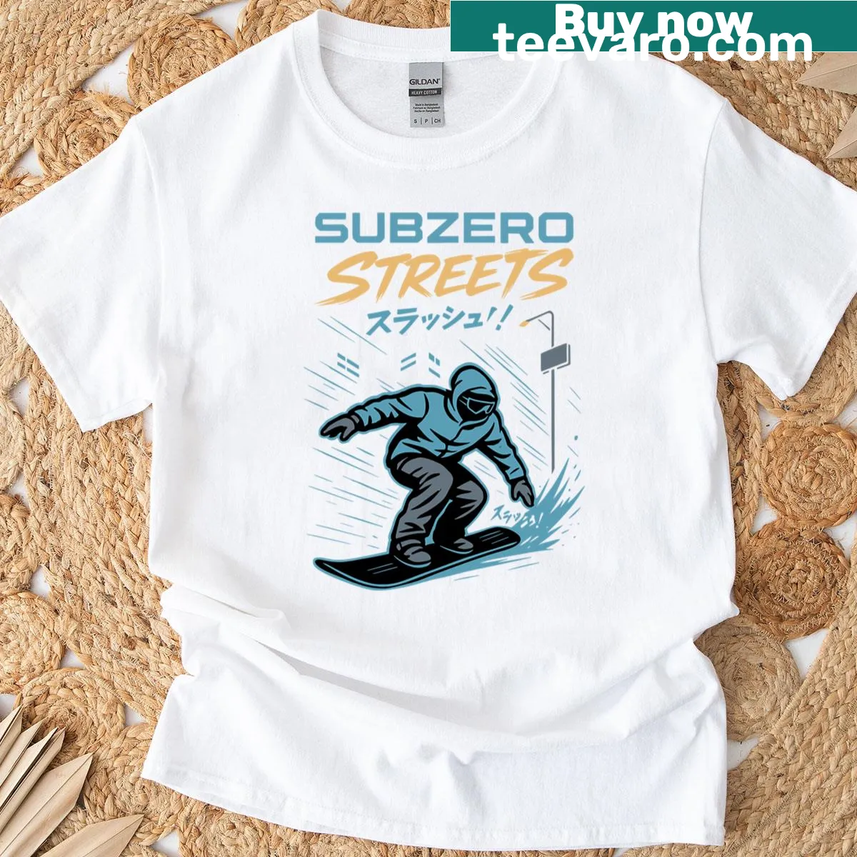 Urban snowboarder illustration on a nighttime cityscape T-shirt — on a men's t-shirt