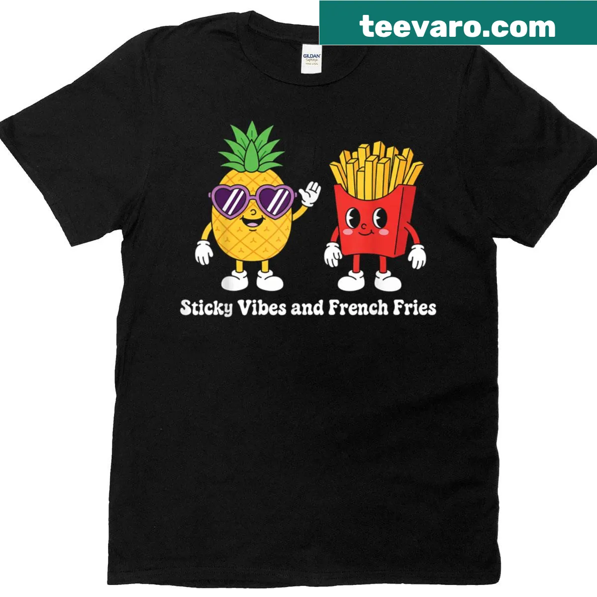 Whimsical T-shirt featuring the phrase Sticky Vibes And French Fries — on a men's t-shirt