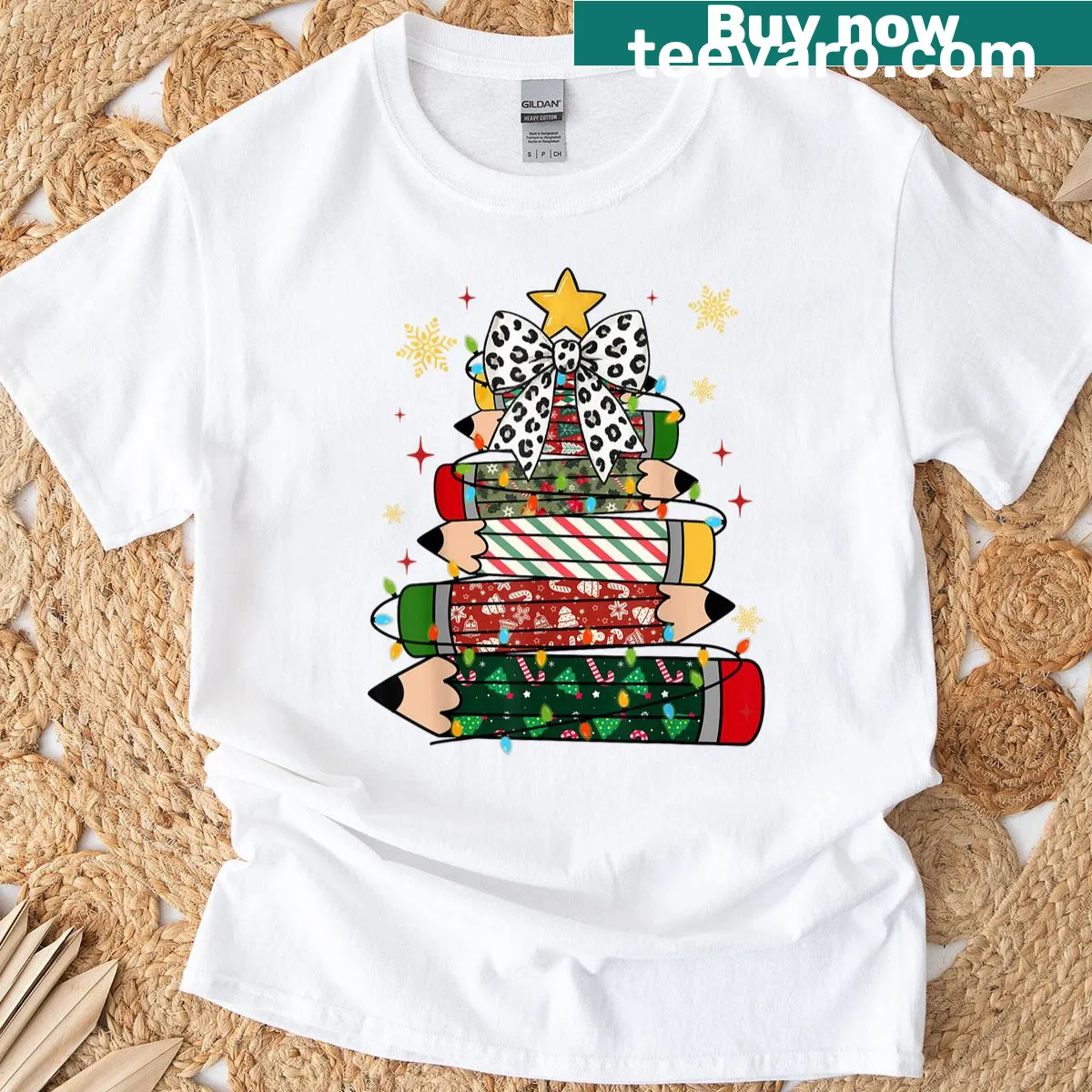 Cute teacher T-shirt with Christmas tree lights and leopard print bow. — on a men's t-shirt