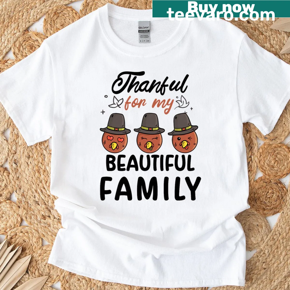 Thanksgiving T-shirt with turkeys and family gratitude graphic — on a men's t-shirt