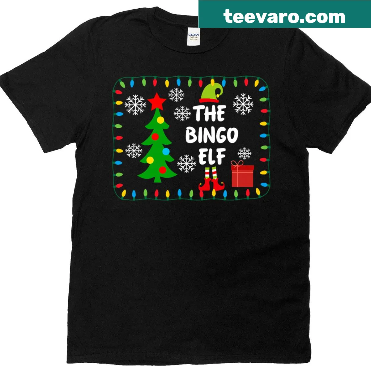 Cute Bingo Elf T-shirt with Christmas lights illustration — on a men's t-shirt
