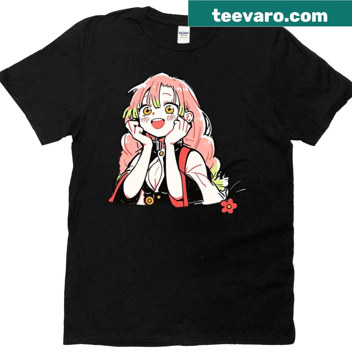 Illustrated T-shirt featuring a blushing swordswoman with a confident stance — on a men's t-shirt