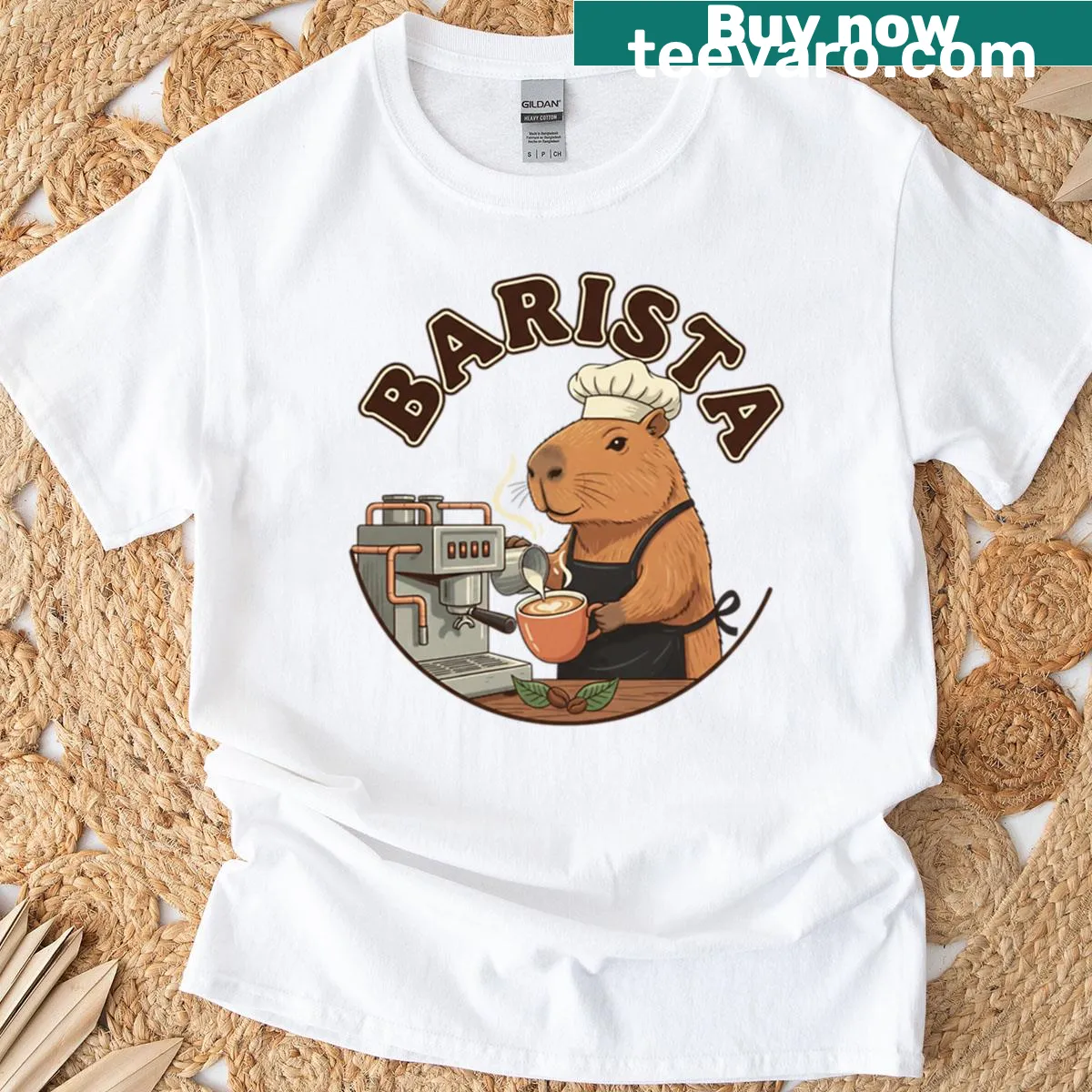 Adorable capybara illustration with coffee themes on T-shirt — on a men's t-shirt