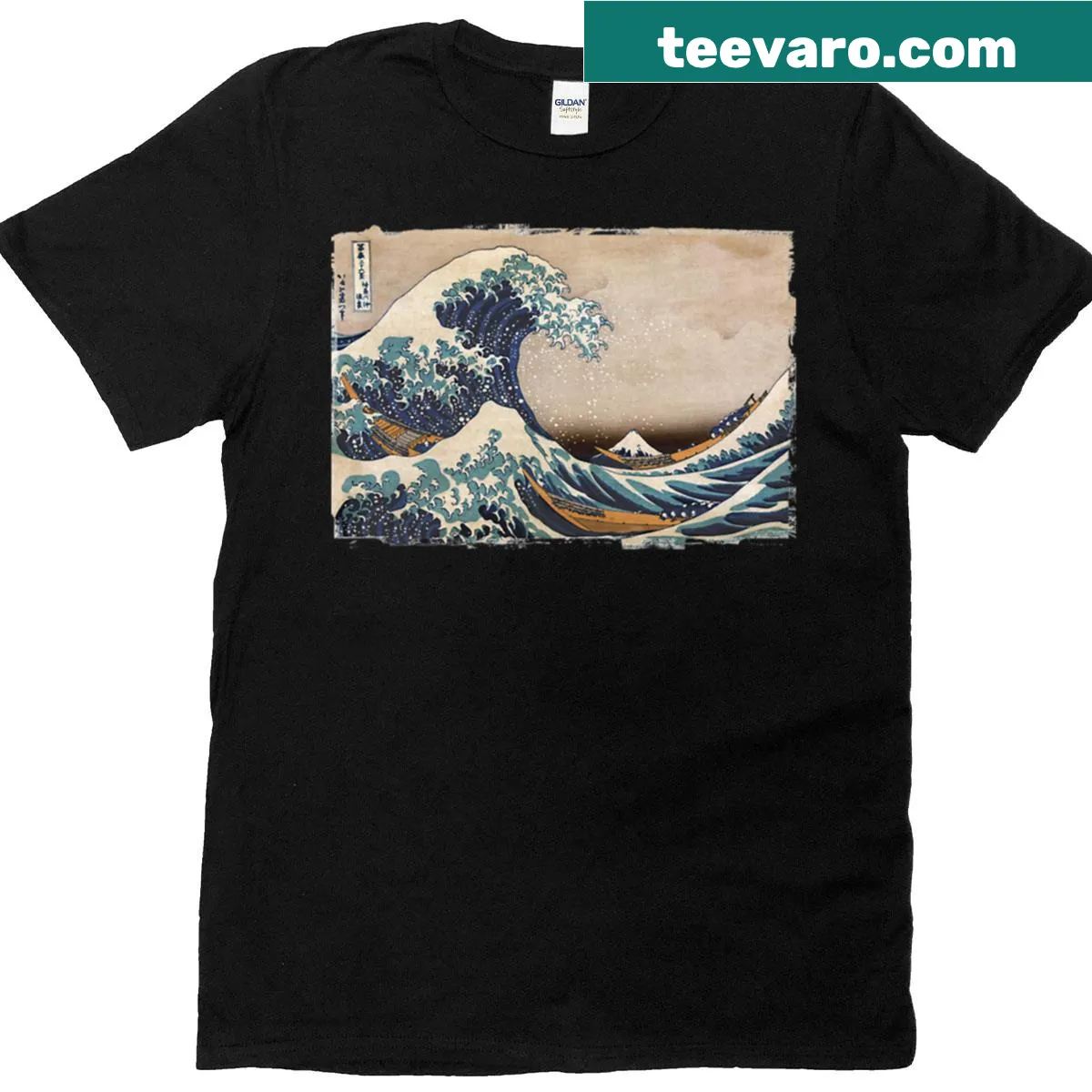 The Great Wave Off Kanagawa artwork printed on a T-shirt — on a men's t-shirt