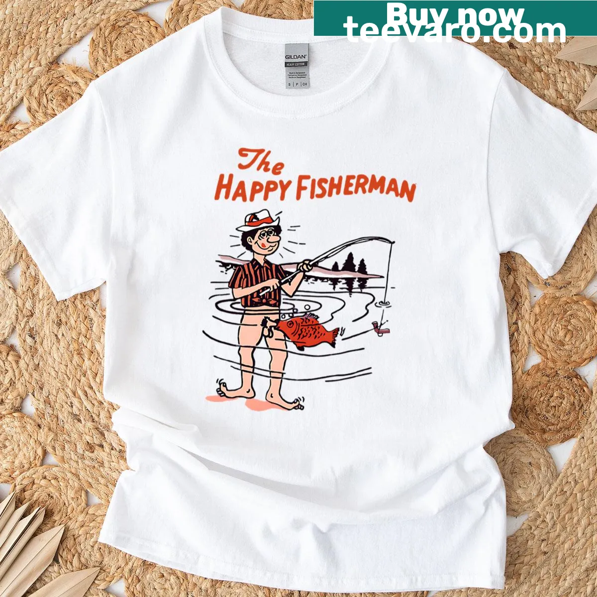 Illustration of a happy fisherman on t-shirt — on a men's t-shirt