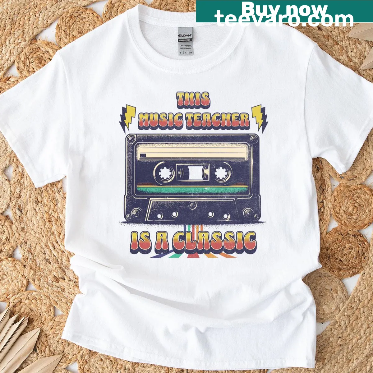 Retro cassette tape graphic with text for music teachers on a T-shirt. — on a men's t-shirt