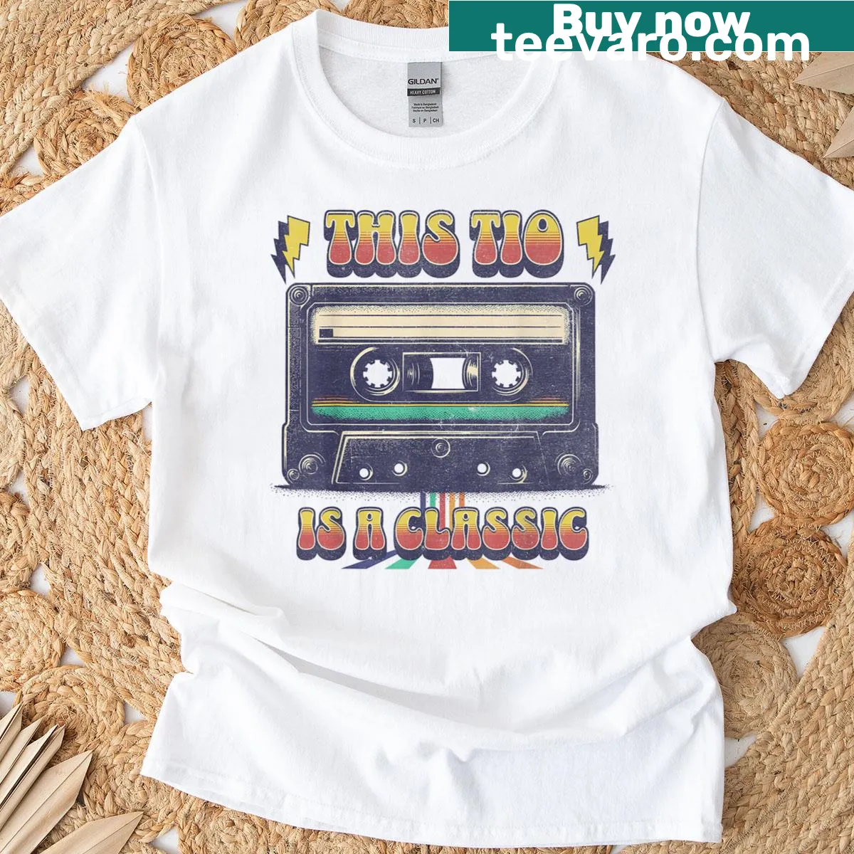 Retro cassette tape t-shirt with 'This Tio Is A Cassette Tape' text — on a men's t-shirt