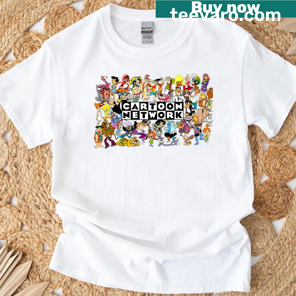 Illustrated T-shirt featuring classic 90s cartoon characters from Foxtel — on a men's t-shirt