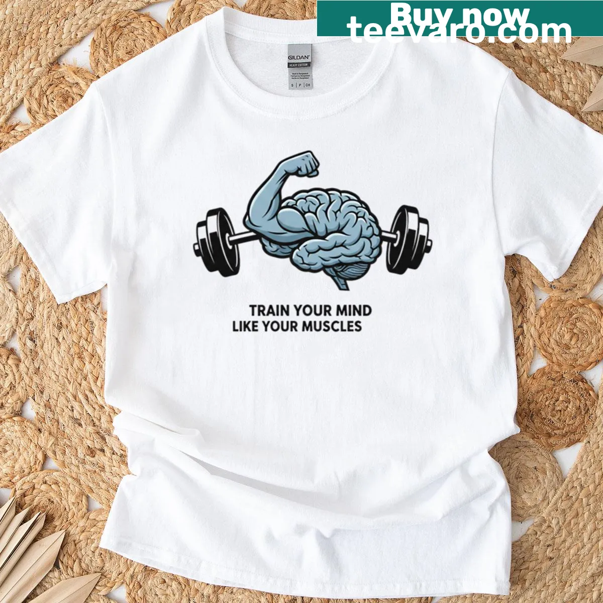 Inspirational fitness T-shirt with 'Train Your Mind Like Your Muscles' text — on a men's t-shirt
