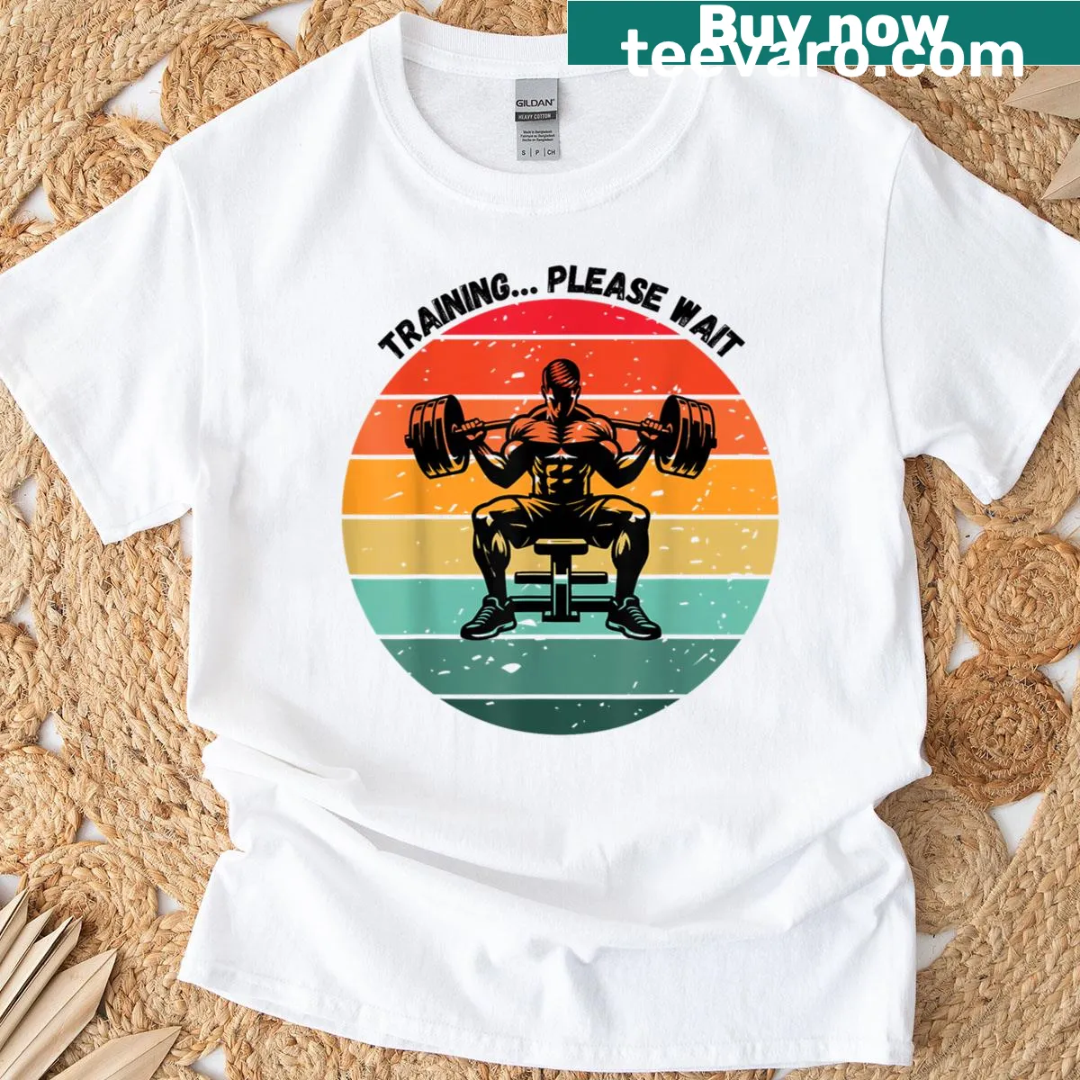Funny gym humor t-shirt with 'Training Please Wait' text — on a men's t-shirt